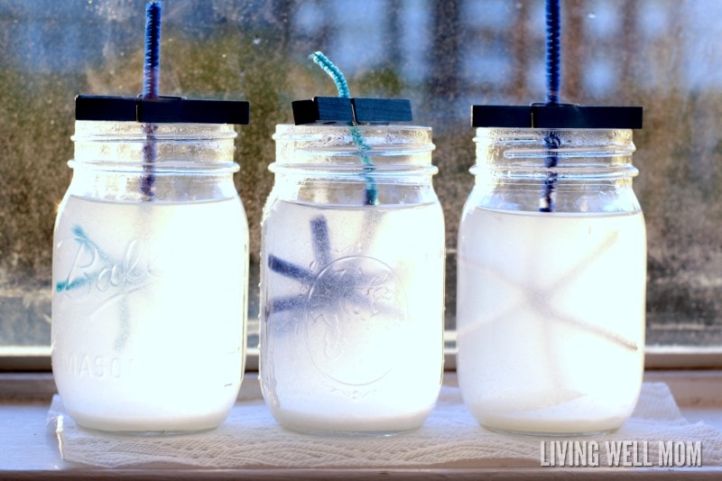 3 mason jars filled with pipe cleaner snowflake