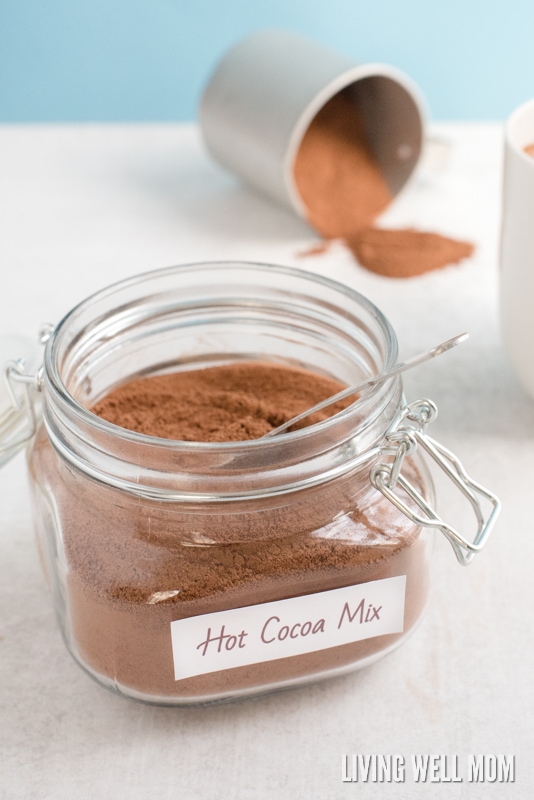 homemade hot chocolate mix powder in a jar with a spoon