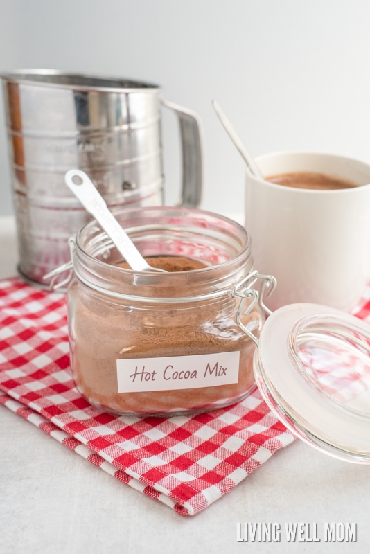 homemade hot cocoa mix in a glass jar with a spoon