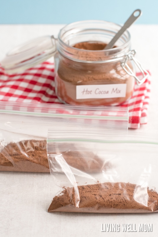 plastic zippered bags with vegan hot chocolate recipe inside