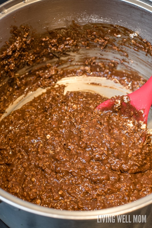 finished mixture to make no-bake chocolate peanut butter cookies