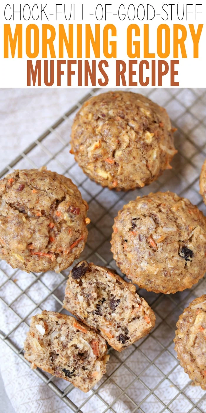 This easy Morning Glory Muffins recipe is chock full of good stuff, like carrots, apples, flaxseed, pecans, coconut, and raisins. It’s perfect as a filling snack for kids or mom too!