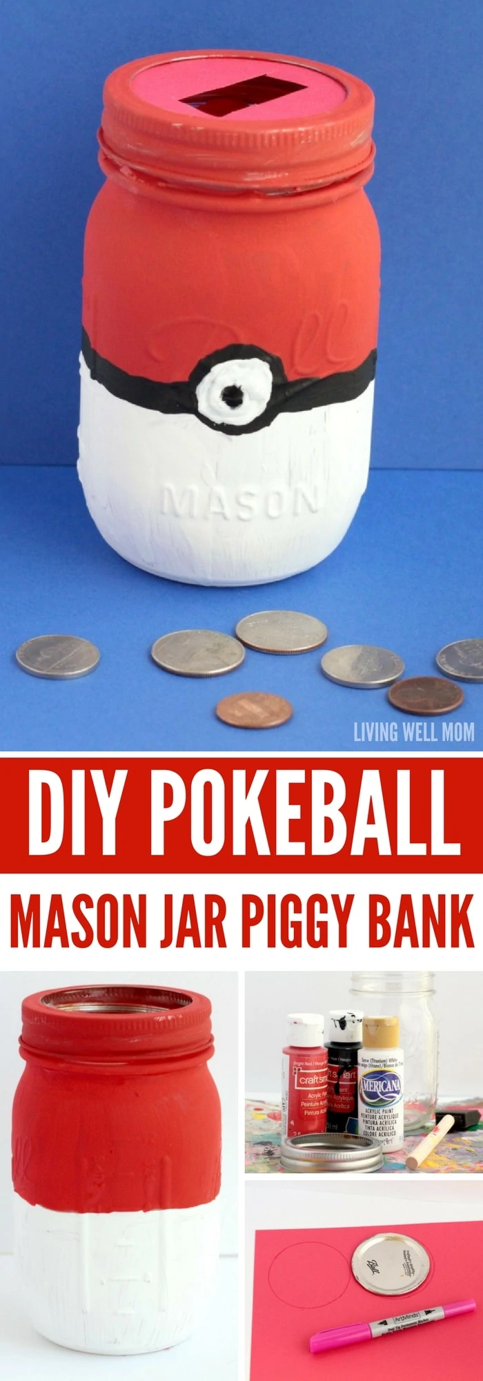 This Pokeball mason jar piggy bank craft project is perfect for your little Pokemon fan! It’s an easy DIY project and a great way to get kids to save money!