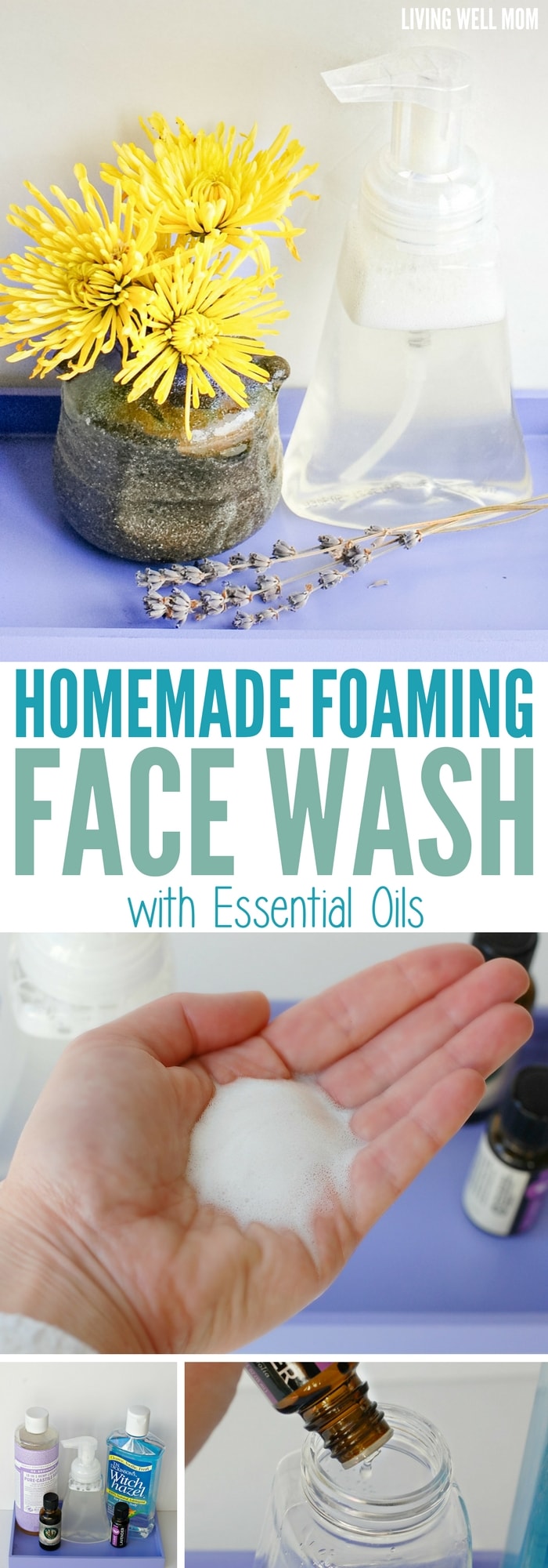 This homemade foaming face wash takes just 5 minutes to make and is a soothing, inexpensive way to wash your face with all-natural ingredients, including essential oils.