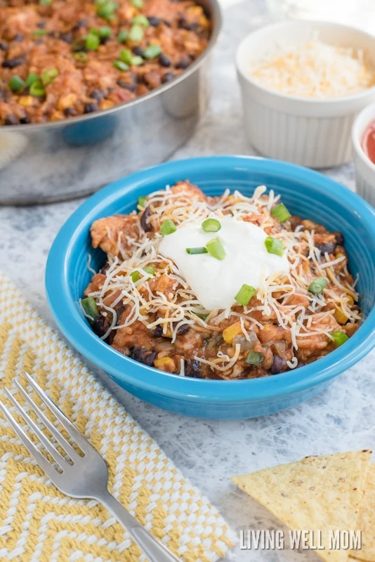 A bowl of enchilada casserole with turkey. 