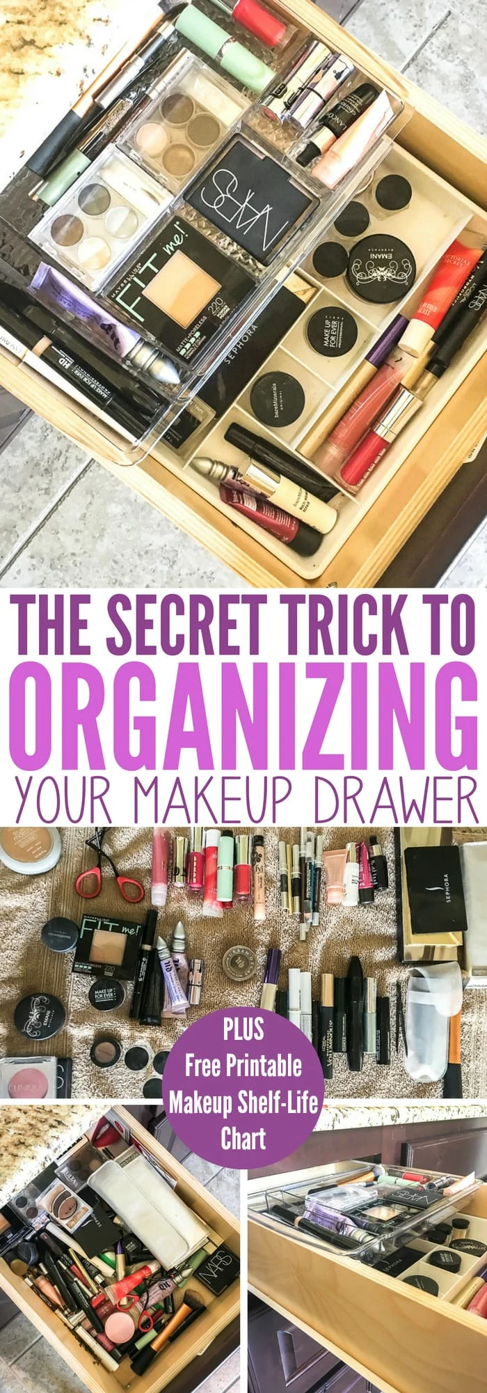 secret trick to organizing your makeup drawer collage of photos