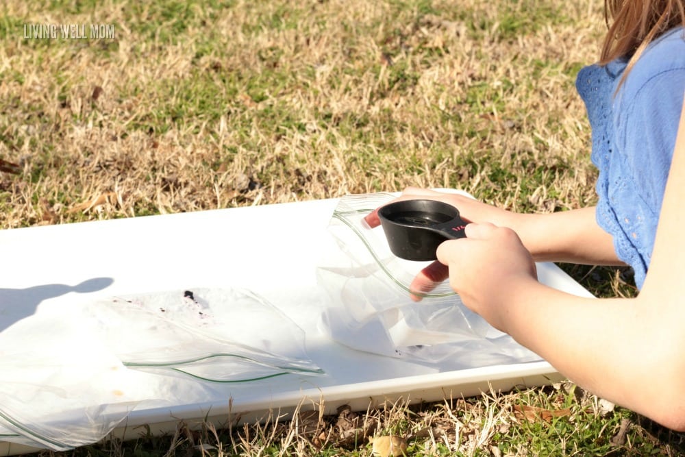 filling bags to make exploding bubble bags for fun STEM activity