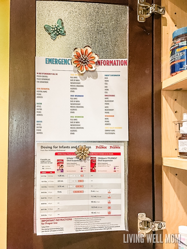 emergency information and dosing charts hung inside cabinet door 