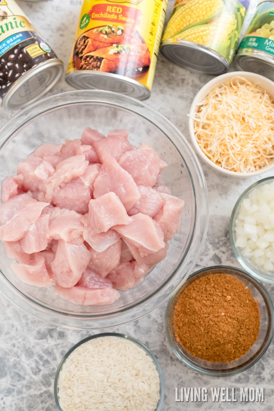 Ingredients for one-pot mexican casserole including turkey, rice, onions, cheese, enchilada sauce, corn, beans and salsa. 