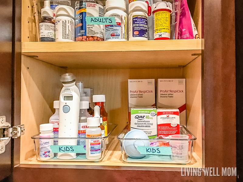 simple organized medicine cabinet storage with meds and thermometers 