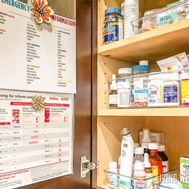 Tired of not being able to find what you need late at night when you have a sick child? Here are 4 simple steps to organizing your medicine cabinet QUICKLY and easily! Plus a fun DIY idea for the inside of your cabinet!