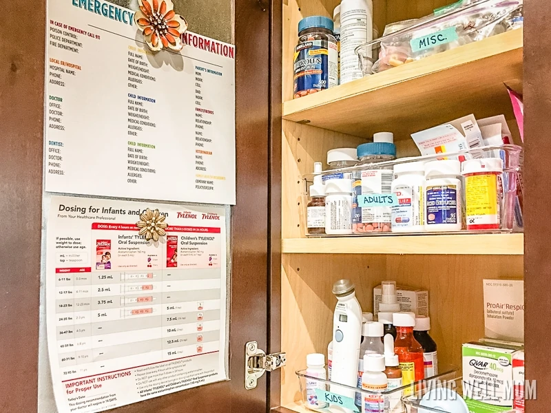 organized medicine cabinet with DIY magnetic board for lists
