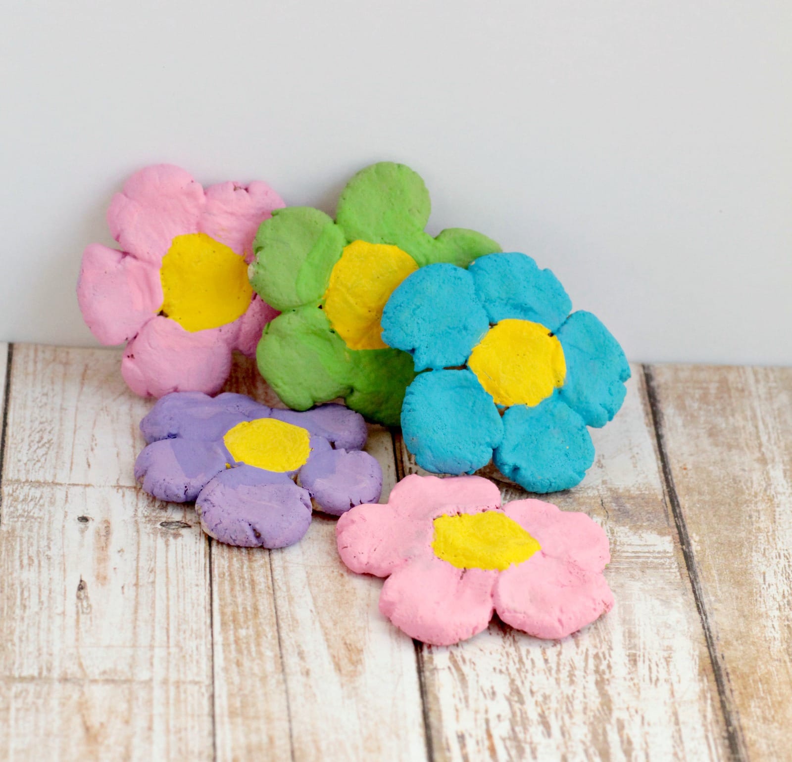 Salt dough flower magnets in bright colors