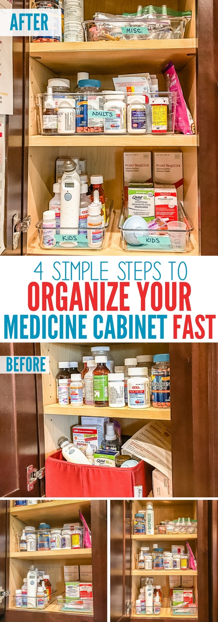 antes e depois de como organizar seu armário de remédios rapidamente