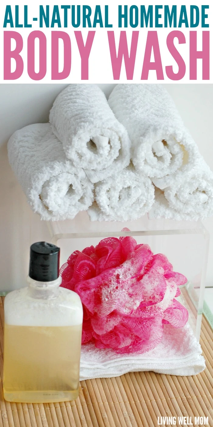 bottled homemade body wash next to a rack of towels and body sponge