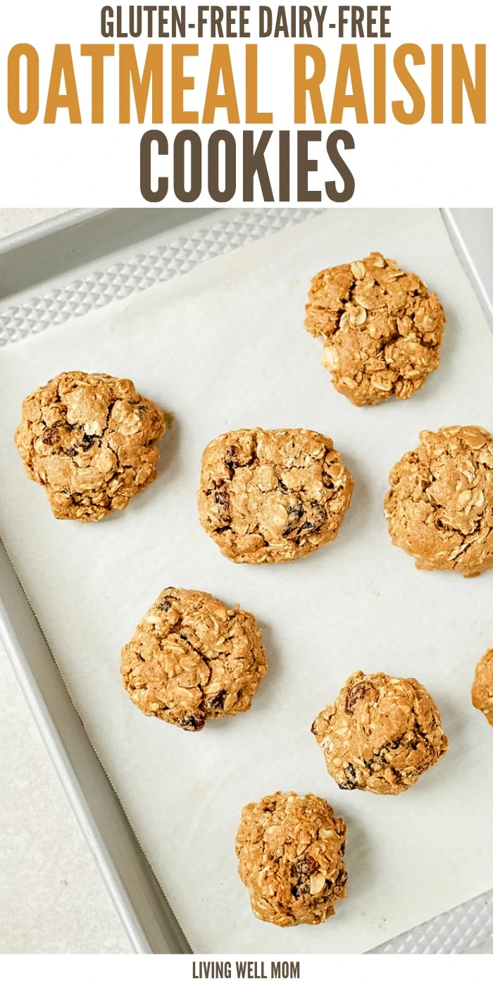 Gluten-free, dairy-free Oatmeal Raisin Cookies are so chewy, thick, and delicious, no one ever guesses they're not 'regular cookies! This kid-favorite recipe is deliciously spiced with cinnamon and a hint of nutmeg and chock full of raisins.