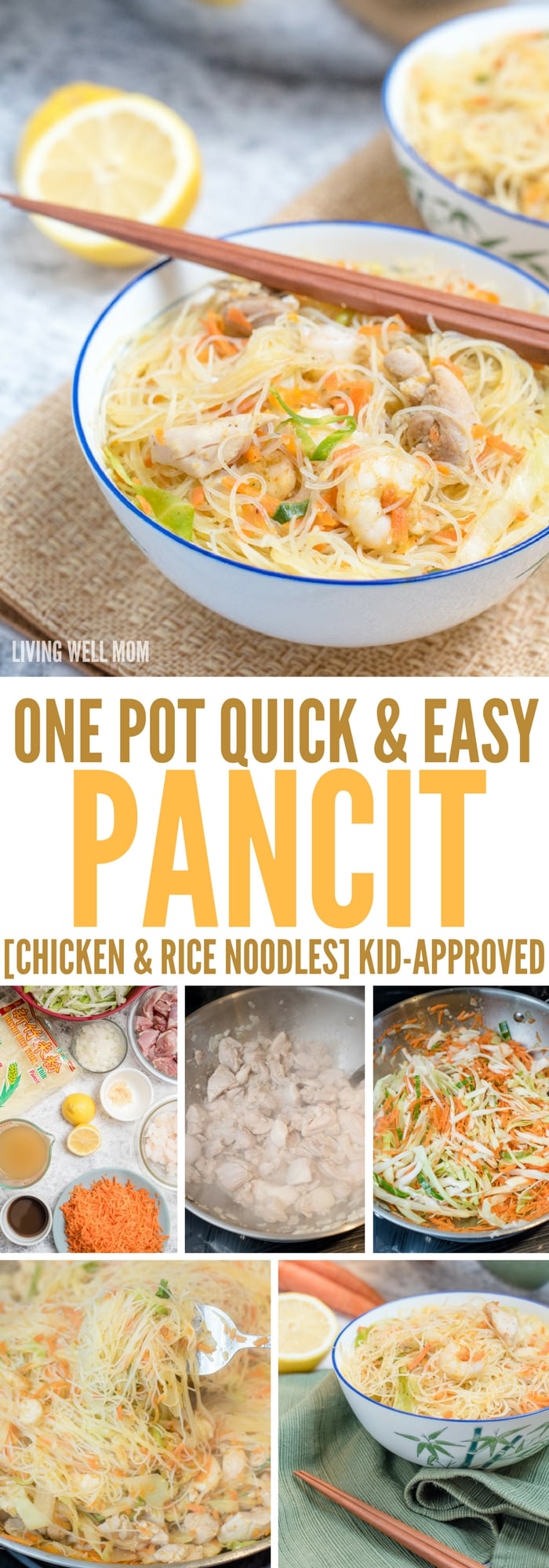 One-Pot Pancit is a quick and easy rice noodle dinner the whole family will love. With chicken, shrimp, and vegetables, this delicious recipe is gluten-free and kid-approved too!