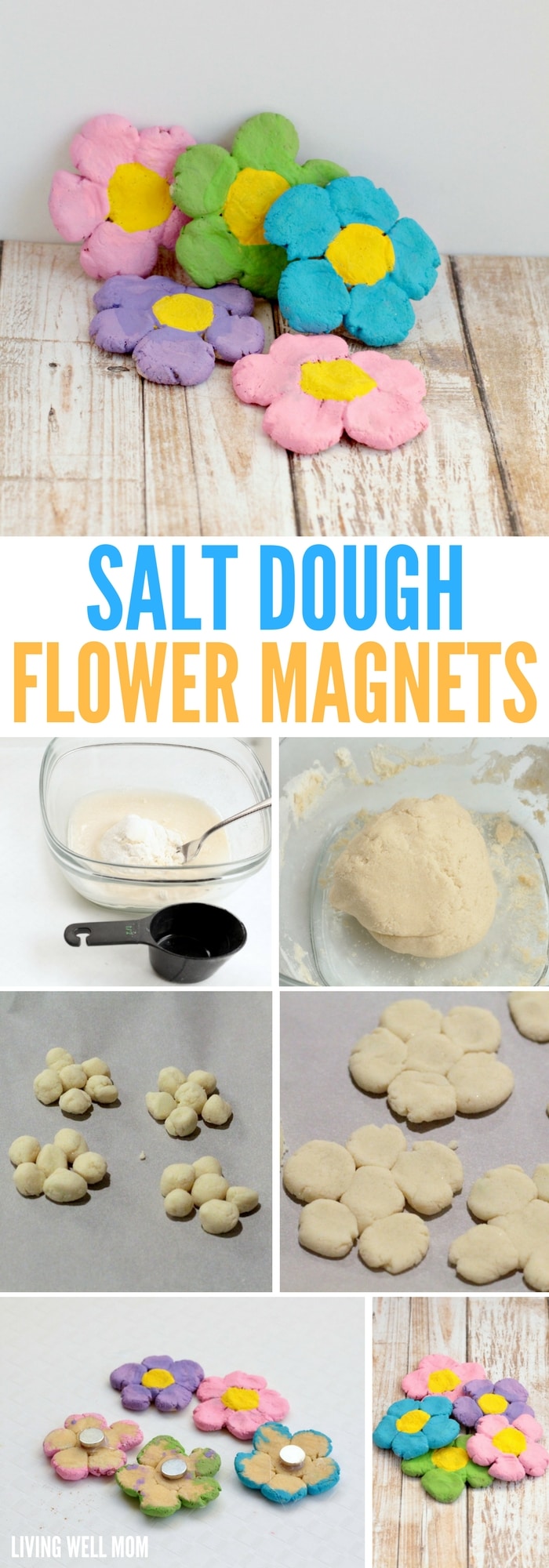 Delightful salt dough flower magnets are the perfect way to preserve your children's fingerprints in a fun, spring-themed project! Kids will love this fun activity!