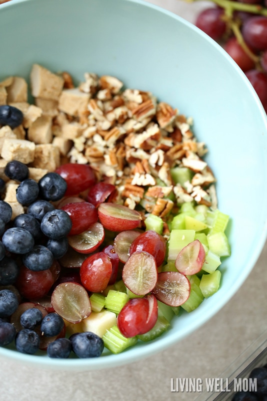 A tasty twist on regular chicken salad, this Waldorf Chicken Salad recipe is loaded with delicious fruit - apples, blueberries, grapes. The mayo, lemon juice, and honey dressing is light and dairy-free too!