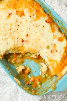 With chicken, vegetables, and a creamy curry sauce, this Curried Chicken Shepherd's Pie is topped with dairy-free mashed potatoes and makes a satisfying all-in-one-main dish. Plus it's gluten-free too and kid-approved!