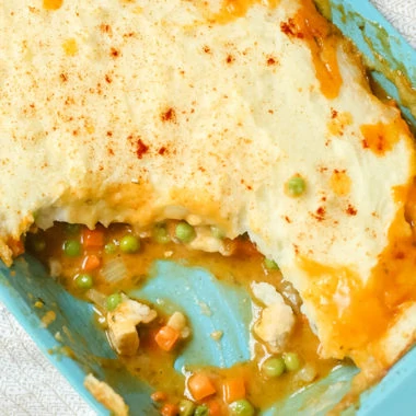 With chicken, vegetables, and a creamy curry sauce, this Curried Chicken Shepherd's Pie is topped with dairy-free mashed potatoes and makes a satisfying all-in-one-main dish. Plus it's gluten-free too and kid-approved!
