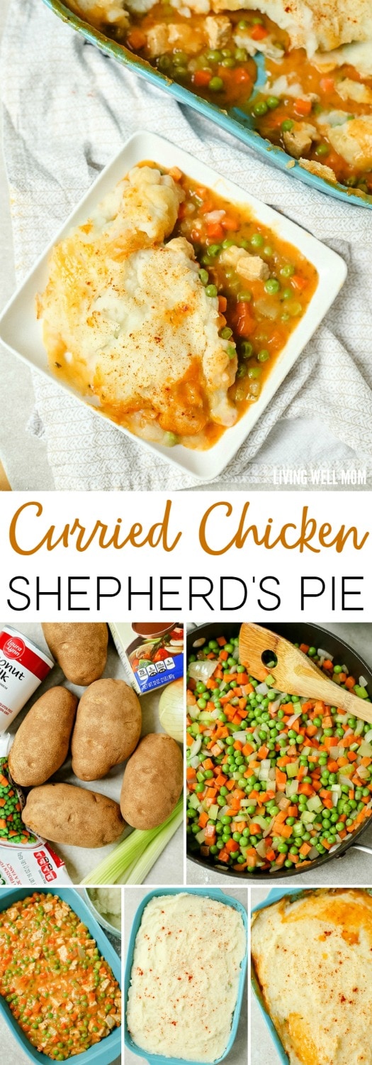 With chicken, vegetables, and a creamy curry sauce, this Curried Chicken Shepherd's Pie is topped with dairy-free mashed potatoes and makes a satisfying all-in-one main dish. Plus it's gluten-free too and kid-approved!