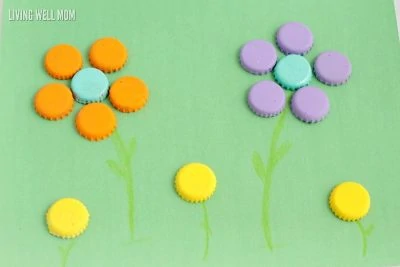 Painted bottle caps in flower shapes