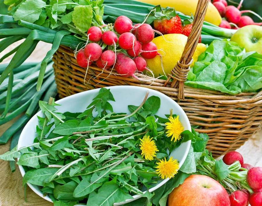 dandelion greens and flowers in a white bowl with a basket of fresh vegetables