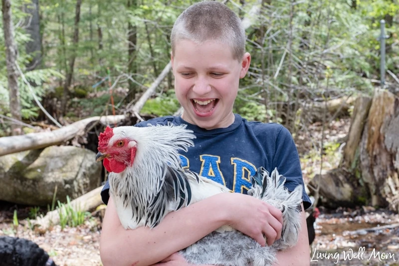 a boy holding his rooster