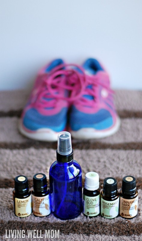 Got stinky shoes? Try this easy, all-natural DIY stinky shoe spray! With essentials oils and water, it's non-toxic and surprisingly effective!