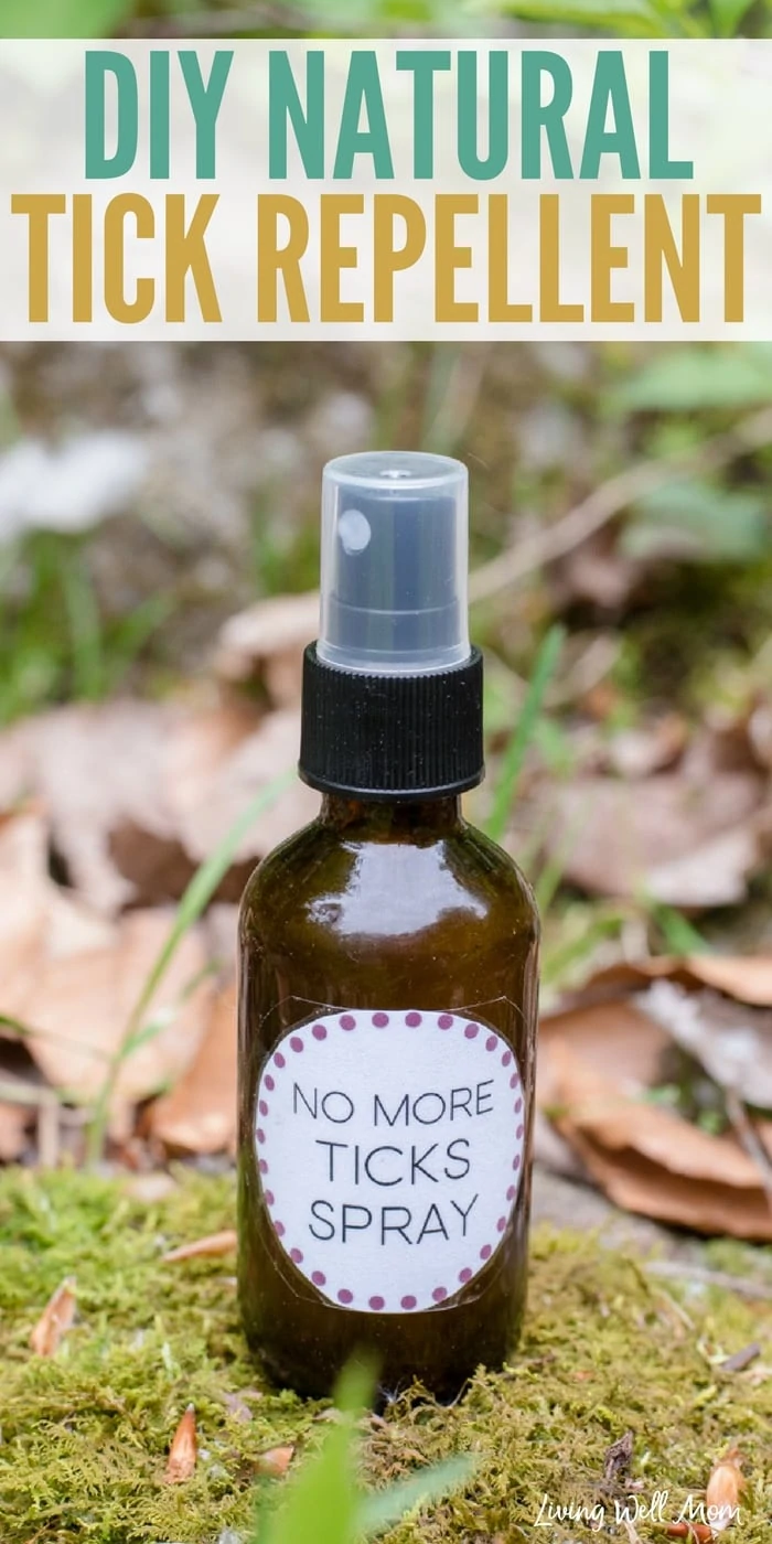 amber glass spray bottle with no more ticks label with woods background