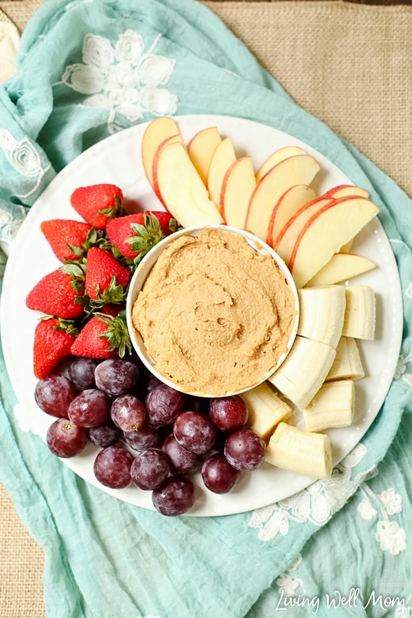 This quick and easy Peanut Butter Fruit Dip is a tasty way to add protein to a fun snack for kids. With dairy-free and nut-free options, you can easily tweak this recipe for almost any dietary needs.