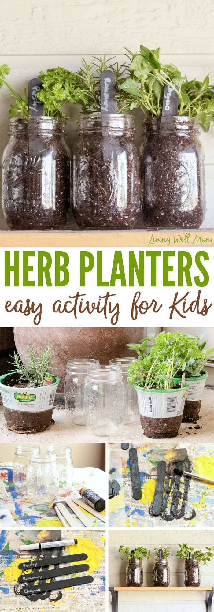 How to make easy herb planters for kids - welcome spring and teach kids how to do simple gardening with these easy mason jar herb planters! They make great gifts too!