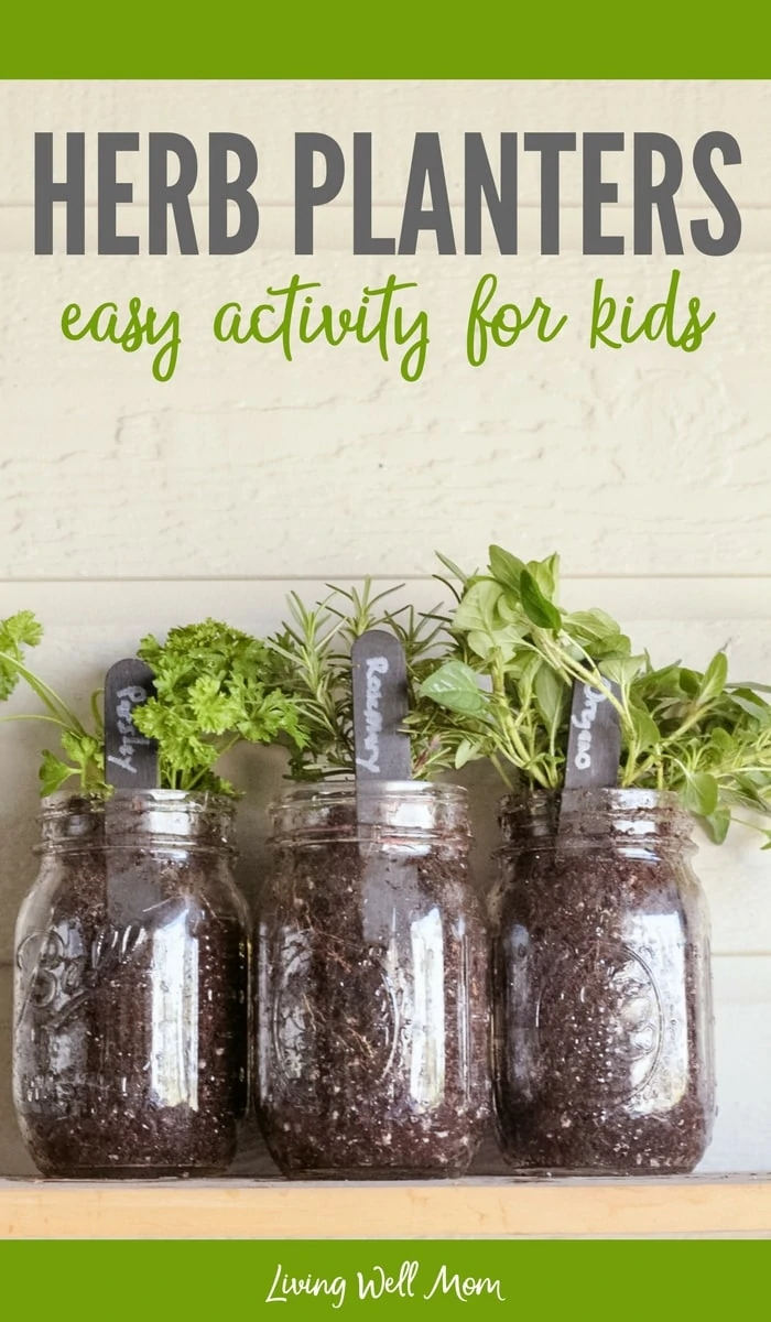 How to make easy herb planters for kids - welcome spring and teach kids how to do simple gardening with these easy mason jar herb planters! They make great gifts too!