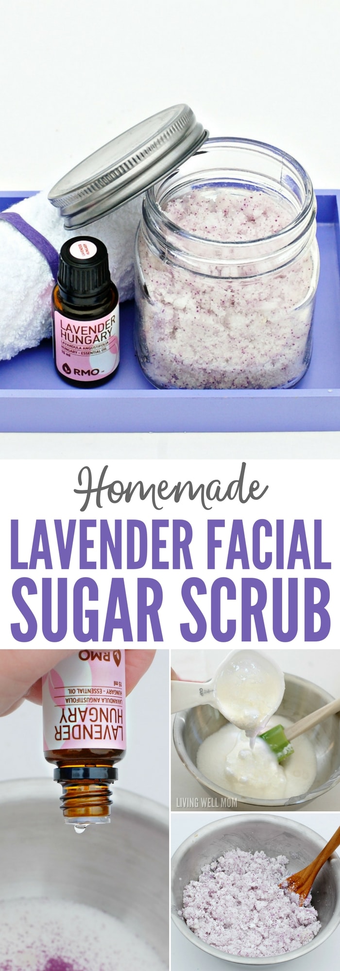 This homemade lavender facial sugar scrub is easy to make and a wonderful way to pamper yourself. Using 3 all-natural ingredients, this sugar scrub works as an exfoliator to remove dead skin cells and moisturizer at the same time. Plus it only takes about 5 minutes to make!