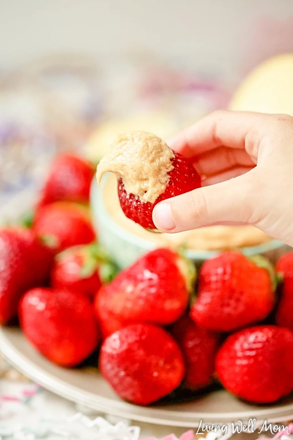 This quick and easy Peanut Butter Fruit Dip is a tasty way to add protein to a fun snack for kids. With dairy-free and nut-free options, you can easily tweak this recipe for almost any dietary needs.