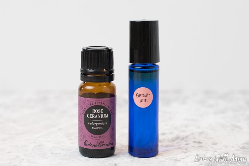 rose geranium essential oil bottle with blue glass roll-on bottle