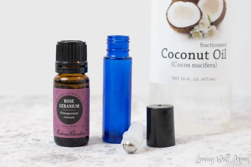 making diy tick roller bottle with essential oil and fractionated coconut oil