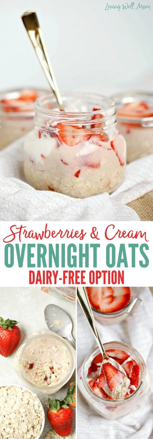 Strawberries and Cream Overnight Oats taste like a delightful strawberry treat, but are actually quite healthy. This easy no-cook recipe is a favorite simple breakfast for kids (and adults). Gluten-free and dairy-free options.