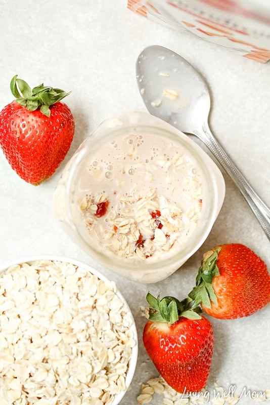 Strawberries and Cream Overnight Oats taste like a delightful strawberry treat, but are actually quite healthy. This easy no-cook recipe is a favorite simple breakfast for kids (and adults). Gluten-free and dairy-free options.