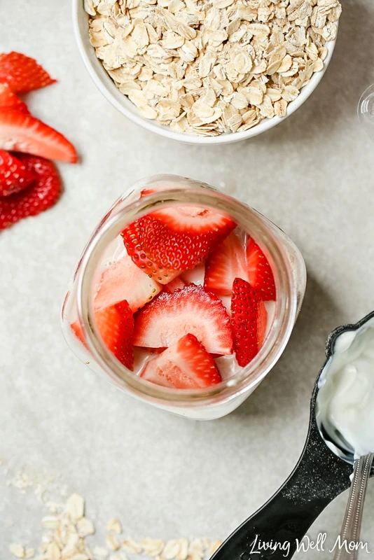 Strawberries and Cream Overnight Oats taste like a delightful strawberry treat, but are actually quite healthy. This easy no-cook recipe is a favorite simple breakfast for kids (and adults). Gluten-free and dairy-free options.