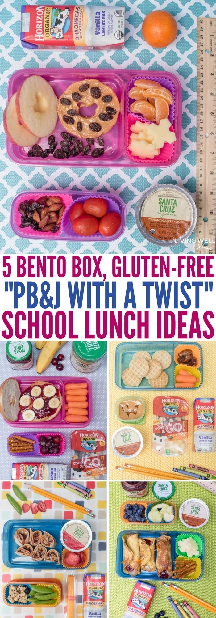 Fun gluten-free school lunch ideas plus 5 tasty gluten-free twists on peanut butter & jelly sandwiches kids will love! Easy bento box inspiration with nutritious snacks and extras.