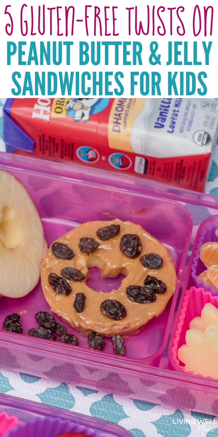 Fun gluten-free school lunch ideas plus 5 tasty gluten-free twists on peanut butter & jelly sandwiches kids will love! Easy bento box inspiration with nutritious snacks and extras.
