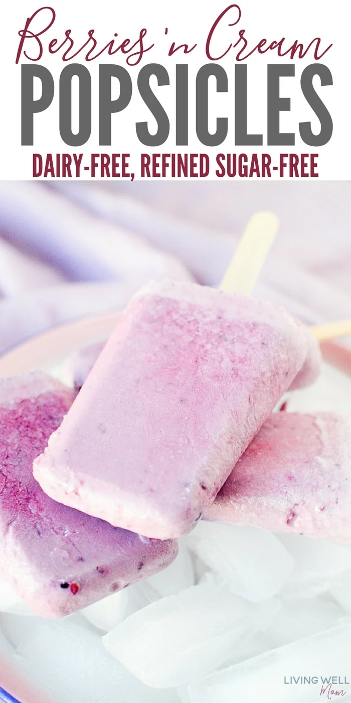 Lightly sweetened and creamy, these delicious Berries 'n Cream Popsicles are unbelievably easy to make and so tasty on a hot summer day! With just a hint of maple syrup as a little sweetener, this recipe is refined sugar-free and can be made with a dairy-free option too. Get the easy recipe for this family-favorite recipe here: