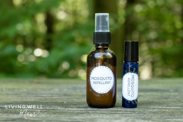 homemade essential oil mosquito spray and roll-on bottle