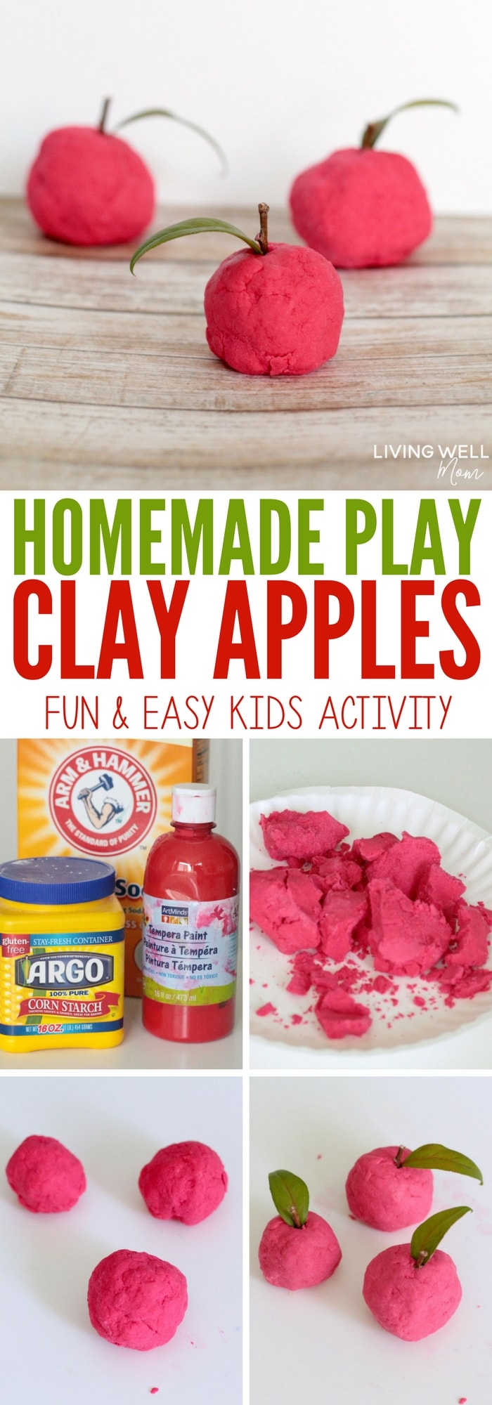 Looking for something a little different from play-doh? Check out this simple recipe for play clay and easy instructions for how to make clay apples. Kids of all ages will enjoy this fun activity!