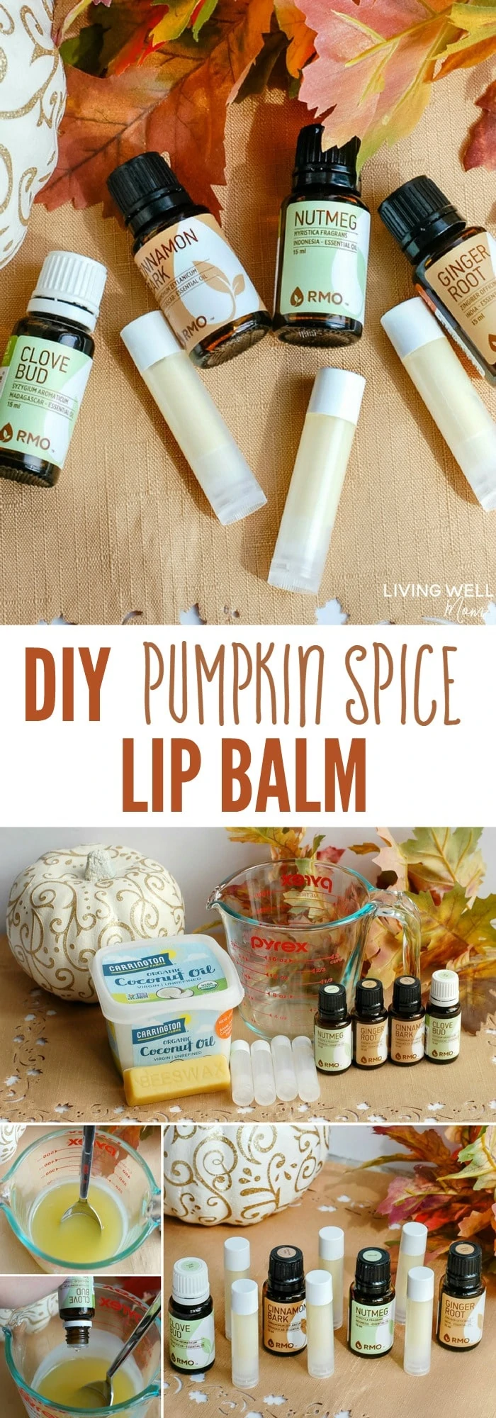 How to make DIY pumpkin spice lip balm; all you need are essential oils, 2 simple ingredients, and only 15 minutes! I love to make this all-natural lip balm as an easy homemade gift and of course, I always keep a couple tubes for myself!