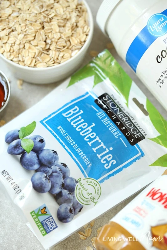 ingredients for no-bake energy bites with blueberry, oats, and coconut oil