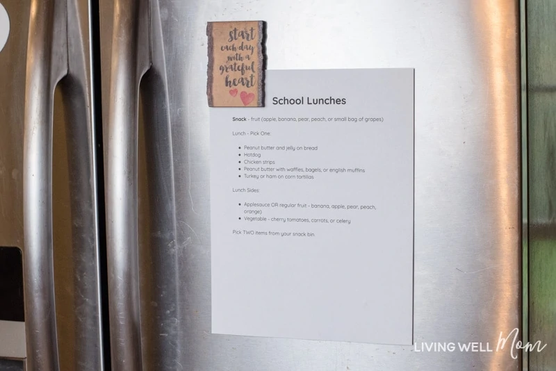 weekly school lunch menu posted on a refrigerator. 