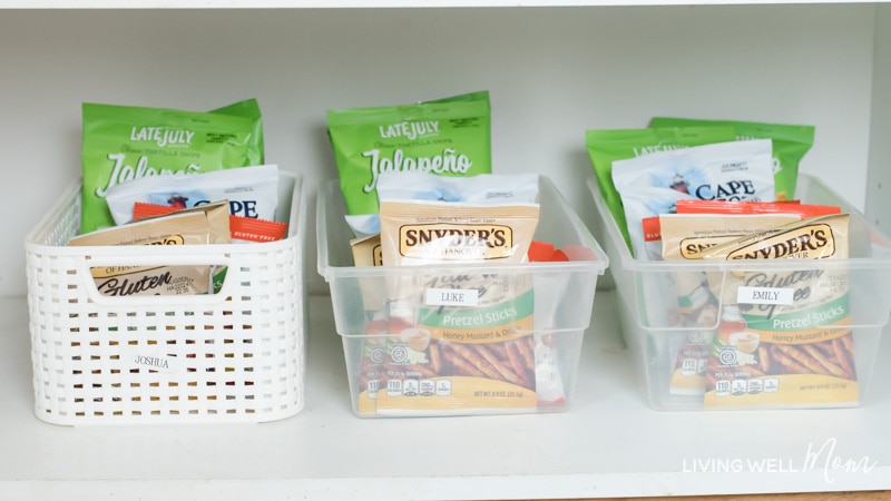 snack bins with bags of snack packs to pack in school lunches